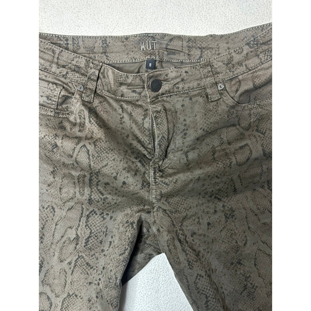 KUT from the Kloth Womens Snake Print Skinny Jeans Olive Green Frayed Hem Size 8